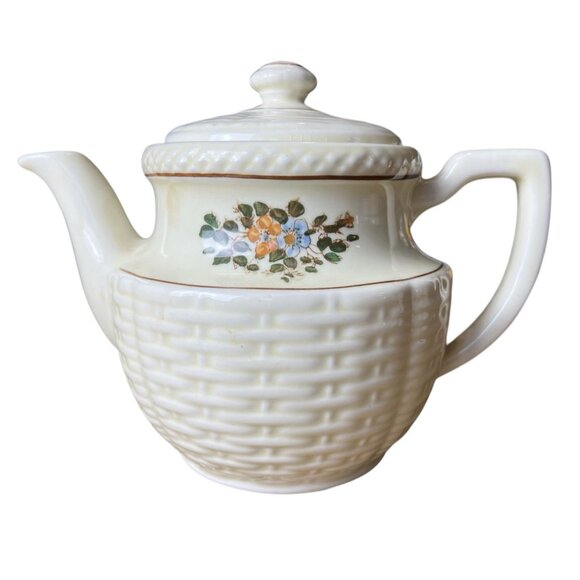 Vintage 1940s Porcelier Vitreous China Basket Weave Floral Tea Pot - Picture 1 of 6